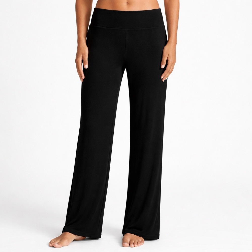 Cozy Earth Women's Black Ribbed Wide-Leg Pajama Pants - Comfort Lounge Sleepwear